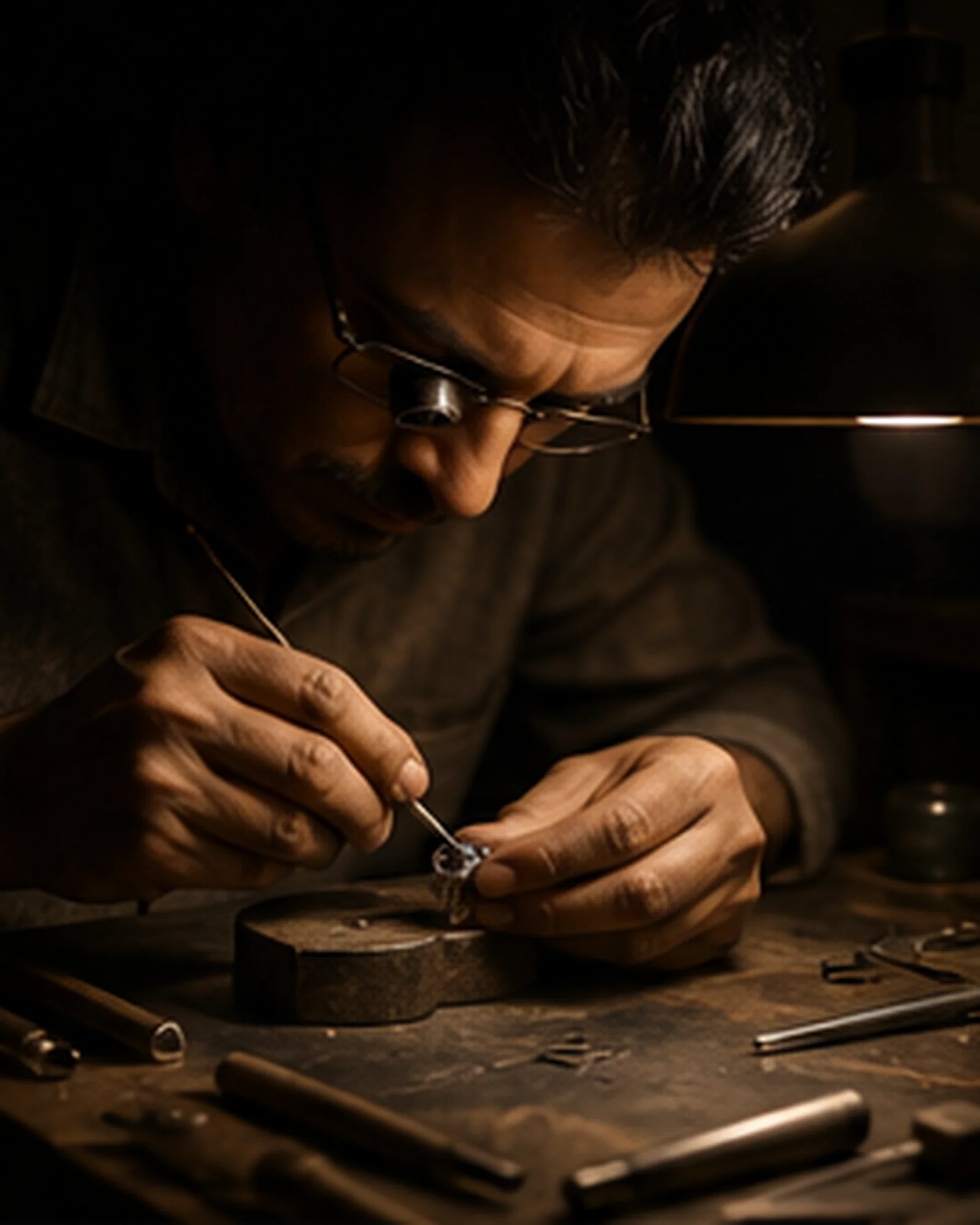 The founder examining a Ceylon sapphire under daylight