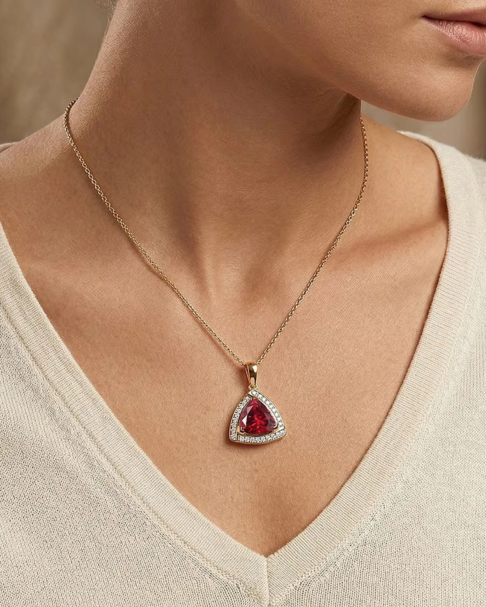 Trillion Ceylon ruby pendant worn at the neck