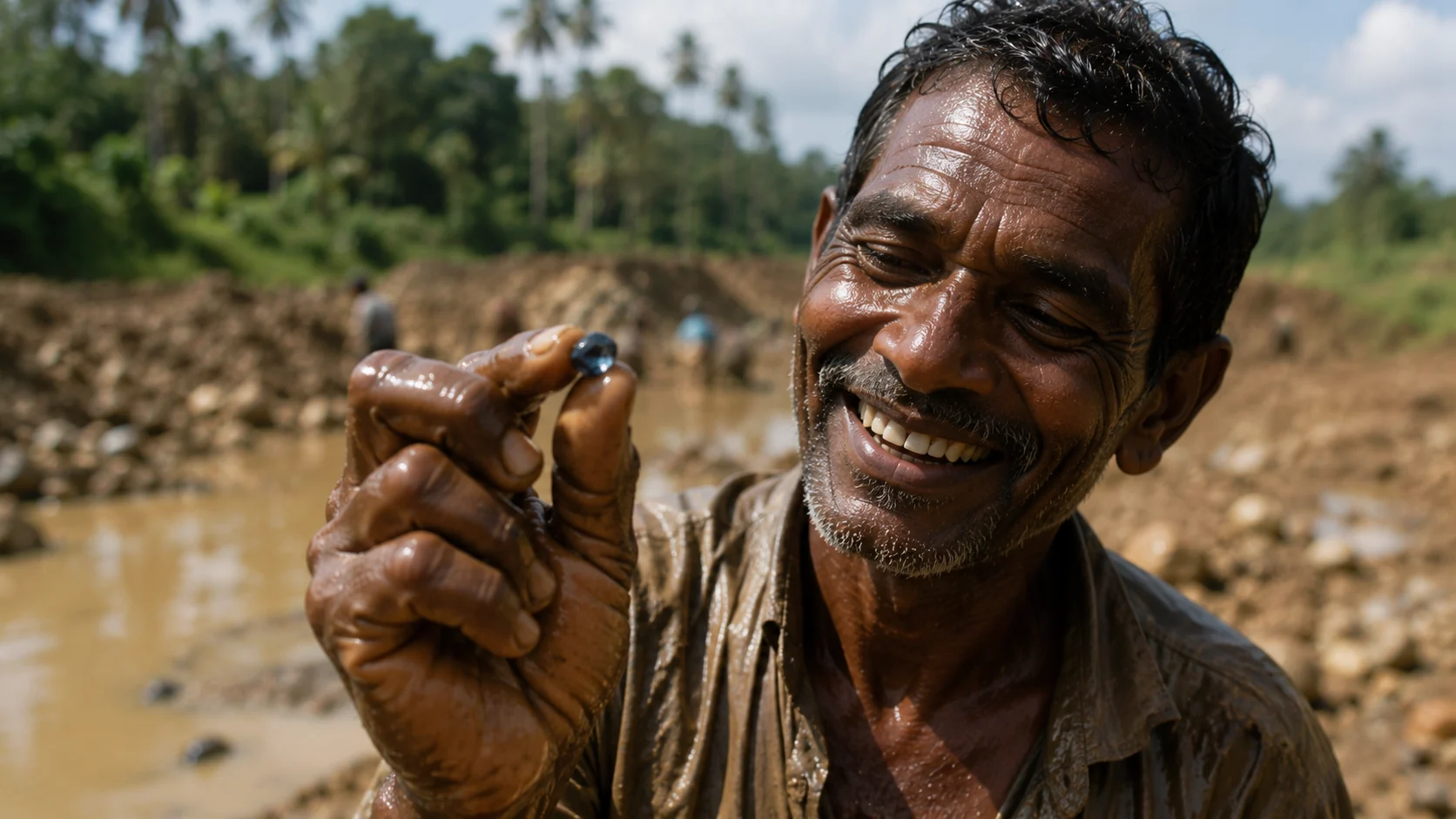 A Ratnapura miner with a freshly won Ceylon sapphire, at the gem fields of southern Sri Lanka