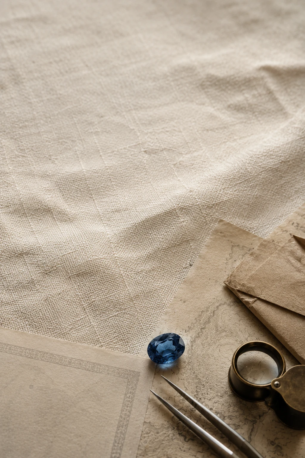 A 4.2 ct Ceylon blue sapphire resting on linen, with loupe and tweezers